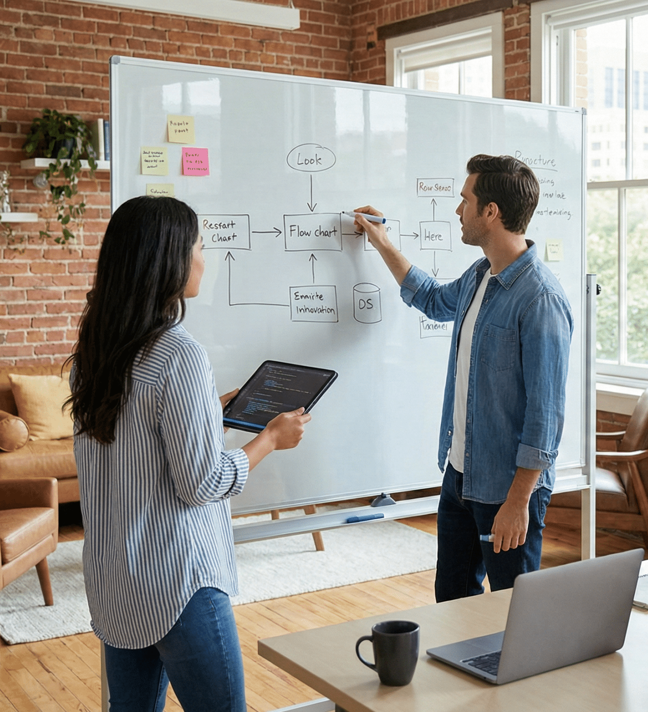 Hombre explicando conceptos de inteligencia artificial en una pizarra a una mujer, colaborando en la implementación de soluciones tecnológicas para empresas.