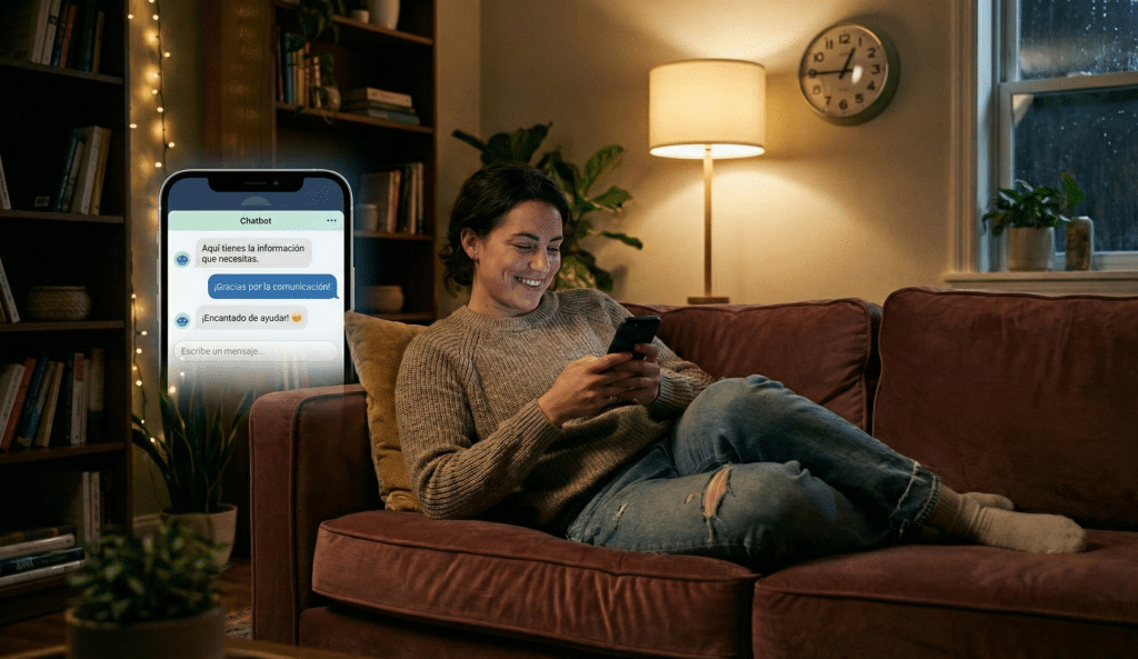 Cliente satisfecho utilizando un chatbot de atención al cliente en su smartphone por la noche desde el sofá, demostrando el servicio de soporte 24/7 de KonectaIA.