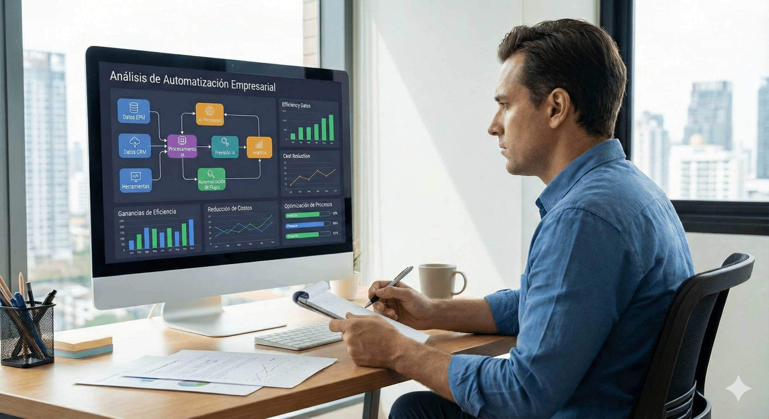 Hombre analizando datos con un gráfico, representando el análisis de procesos complejos en una solución de automatización avanzada.