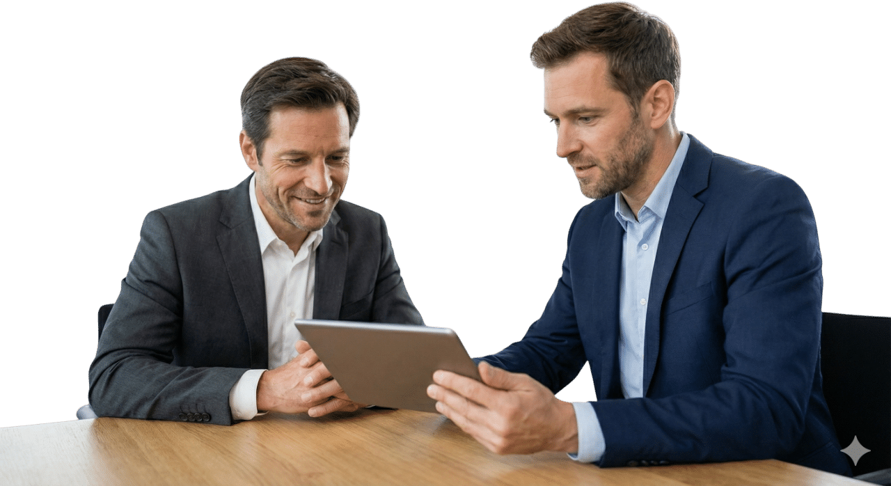 Dos hombres trabajando juntos con una tablet, colaborando en soluciones de inteligencia artificial personalizadas para la transformación digital.