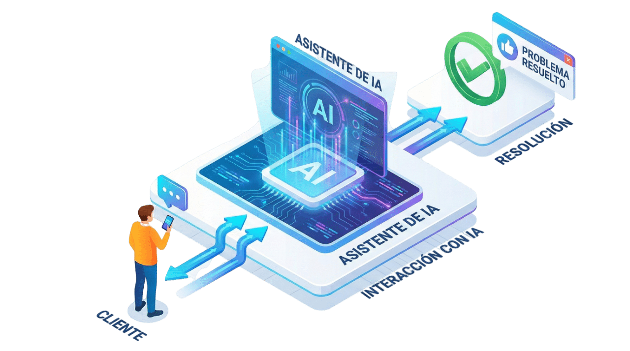 Persona utilizando un asistente de inteligencia artificial, con un ícono de IA y un check que indica la solución de un problema mediante automatización.