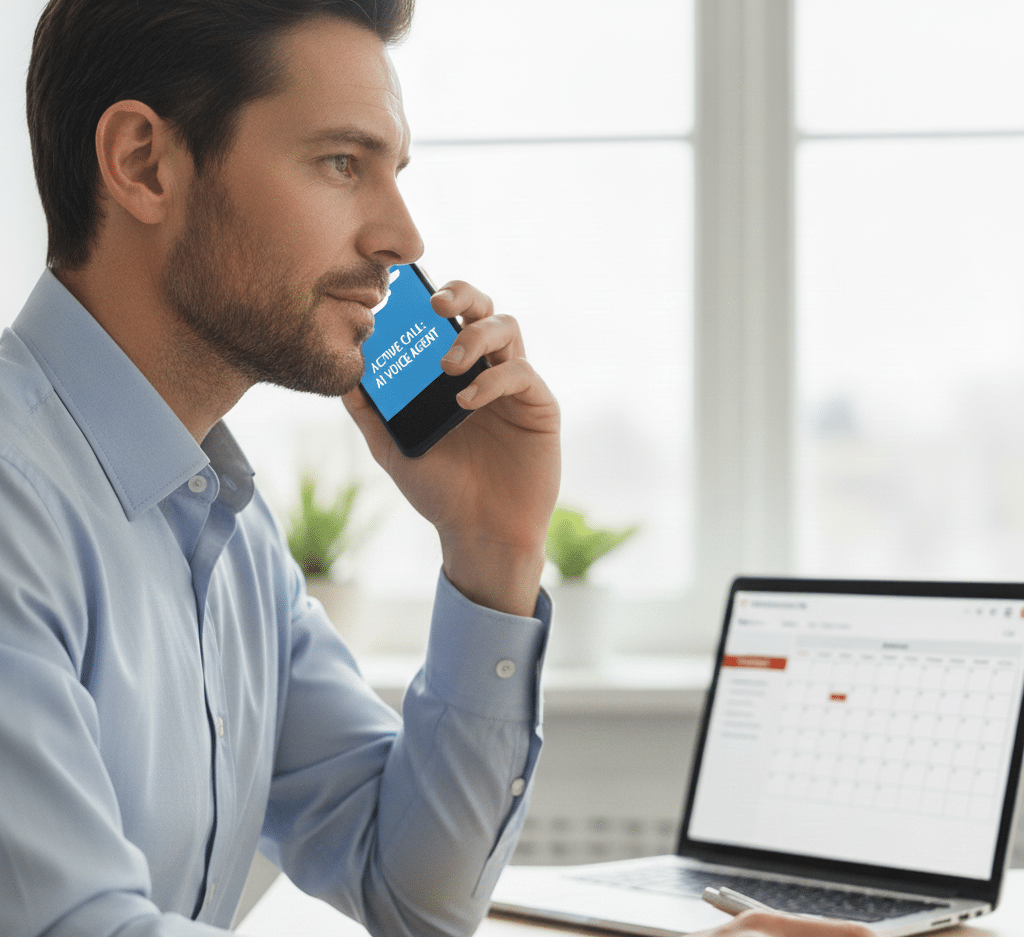 Cliente satisfecho utilizando un agente de voz de atención al cliente en su smartphone por la noche desde el sofá, demostrando el servicio de soporte 24/7 de KonectaIA.