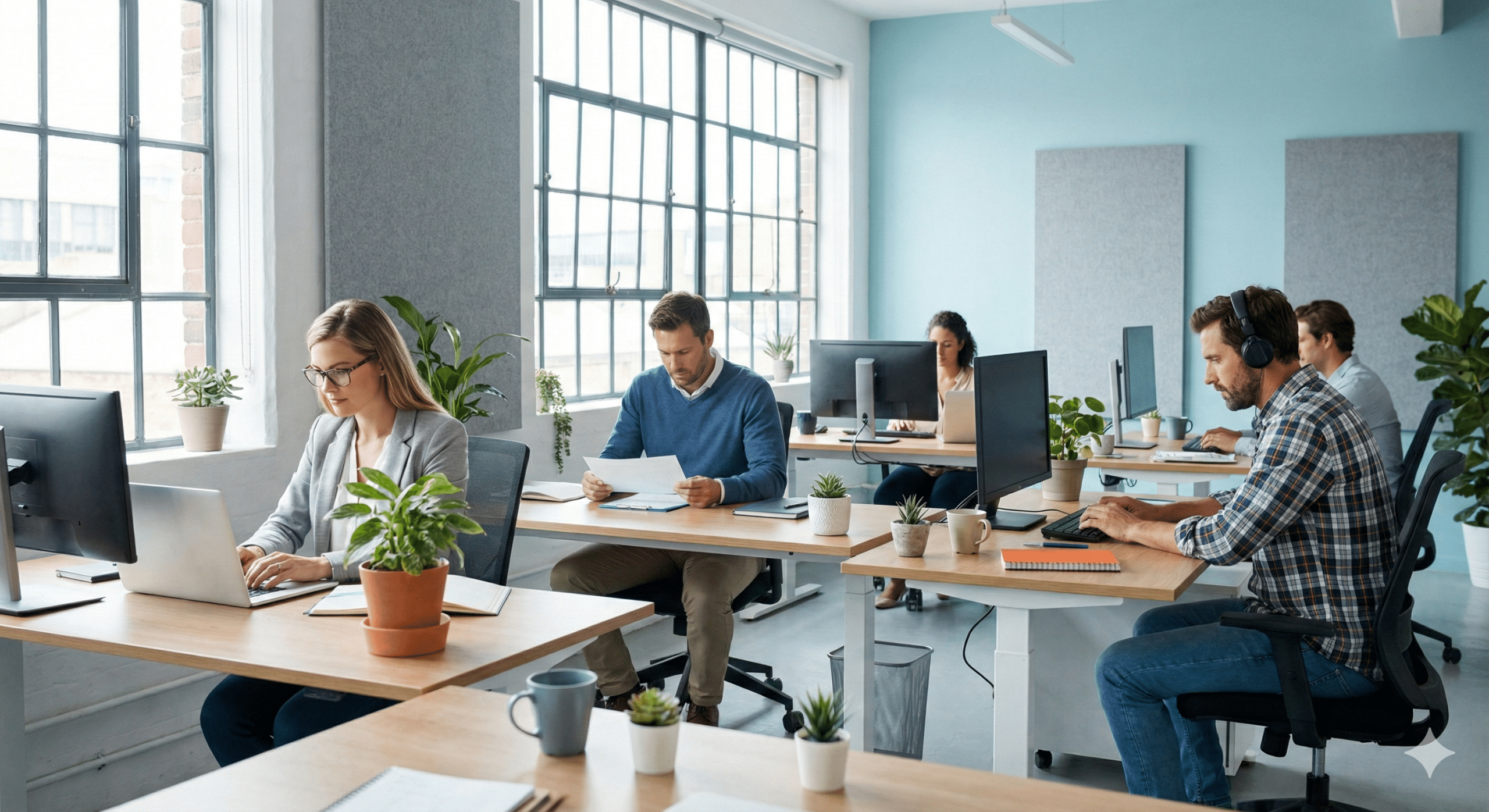 Equipo de trabajo en una oficina colaborando con automatizaciones simples para mejorar la eficiencia operativa.